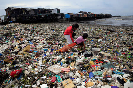 Children take advantage of the gloomy weather to collect washed up rubbish brought by crashing waves due to strong winds of Super Typhoon Haima, local name Lawin, which they will sell at junk shops along the coastal areas, in metro Manila, Philippines October 20, 2016. REUTERS/Romeo Ranoco