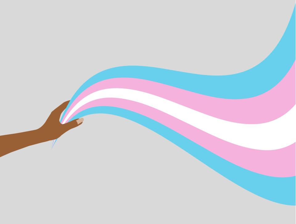 Drawing of a hand holding a long swooshing trans flag ribbon
