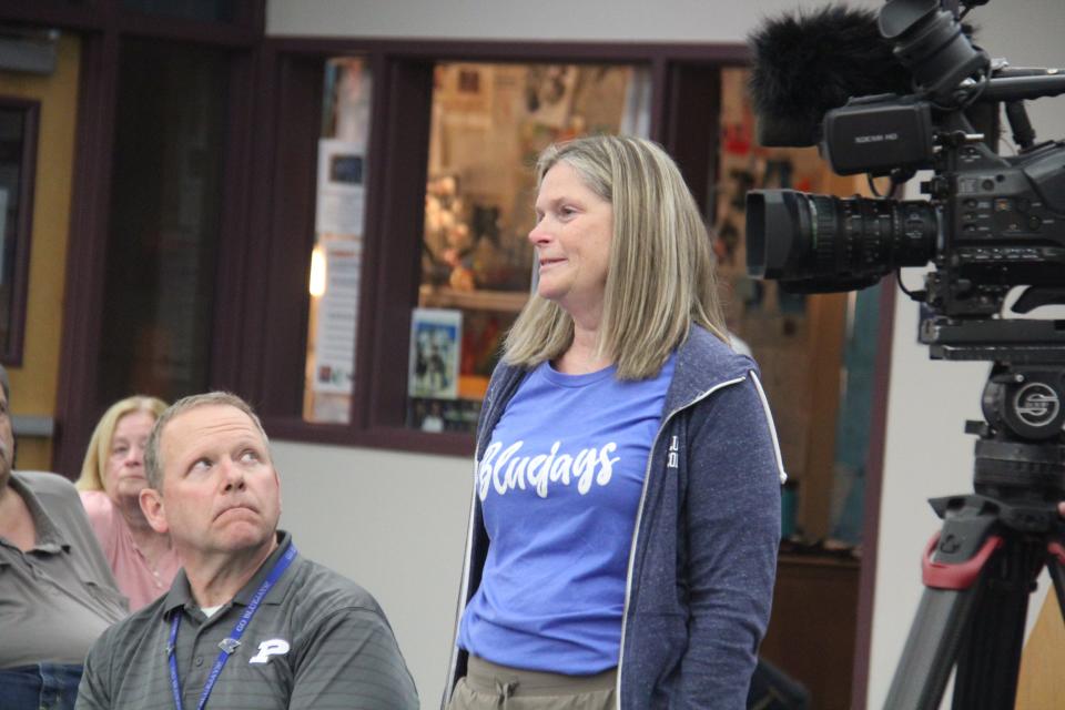 Elizabeth Marburger speaks during a Perry School Board meeting on Monday, May 13, 2024.