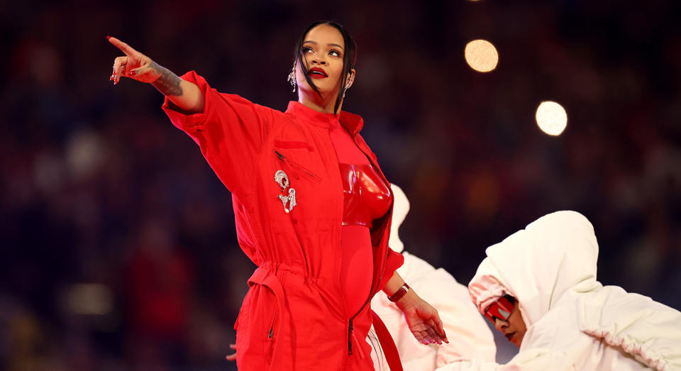 Rihanna revealed she is pregnant with her second child during her Super Bowl halftime show on Sunday evening. (Getty Images)