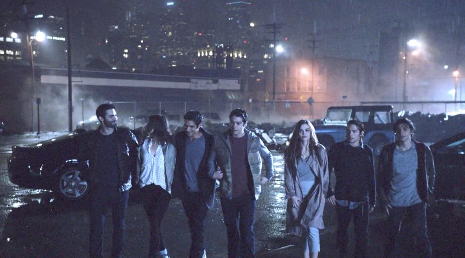 From left: Tyler Hoechlin, Shelley Hennig, Tyler Posey, Dylan O'Brien, Holland Roden, Dylan Sprayberry, and Benjamin Wadsworth on the series finale of "Teen Wolf."