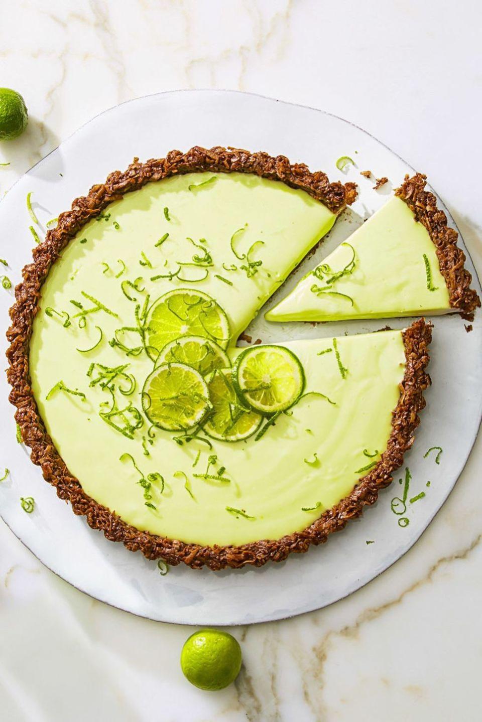 cocoa nutty lime tart with lime garnishes
