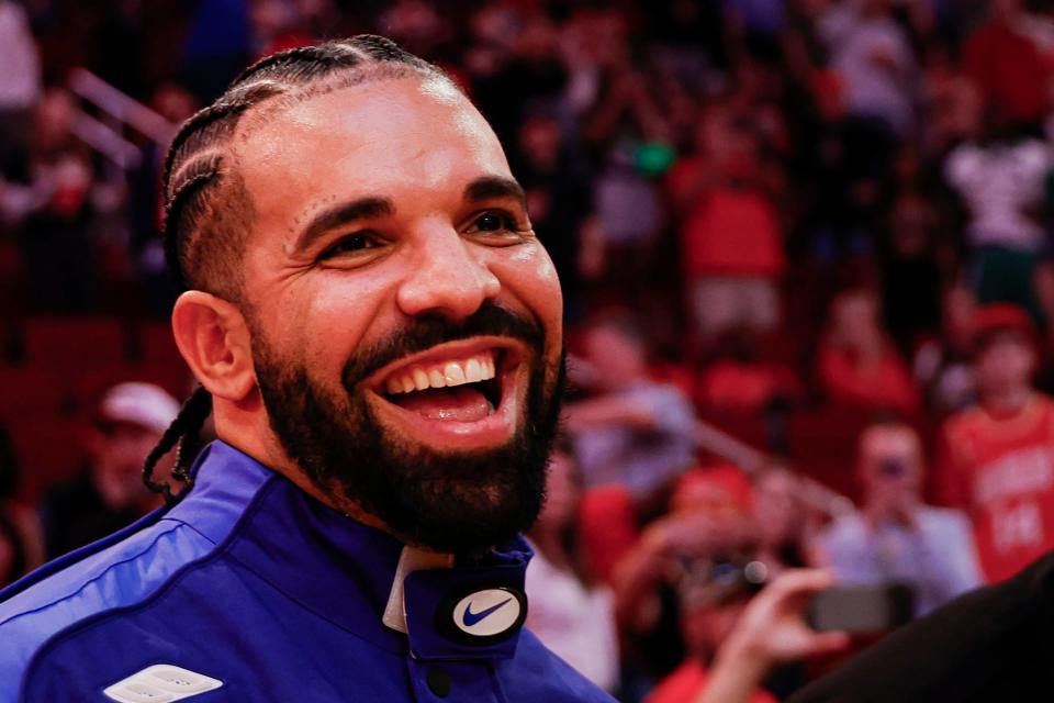 Drake attends a game between the Houston Rockets and the Cleveland Cavaliers at Toyota Center on March 16, 2024, in Houston.