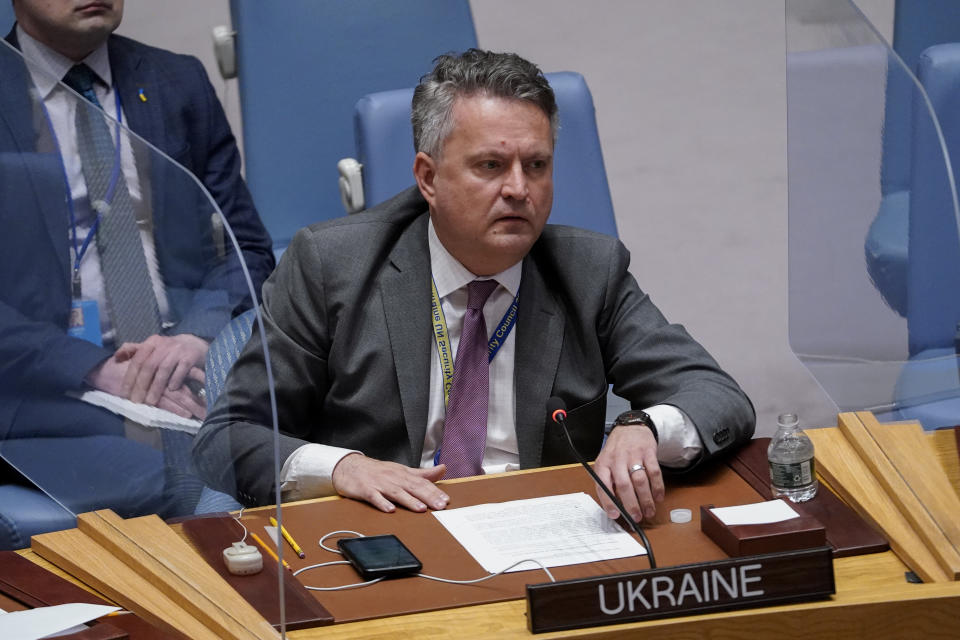 Ukraine’s U.N. ambassador, Sergiy Kyslytsya, speaks during a meeting of the United Nations Security Council, Tuesday, April 19, 2022, at United Nations headquarters. Russia has ratcheted up its battle for control of Ukraine's eastern industrial heartland. It intensified assaults on cities and towns along a front hundreds of miles long Tuesday in what officials on both sides described as a new phase of the war. (AP Photo/John Minchillo)