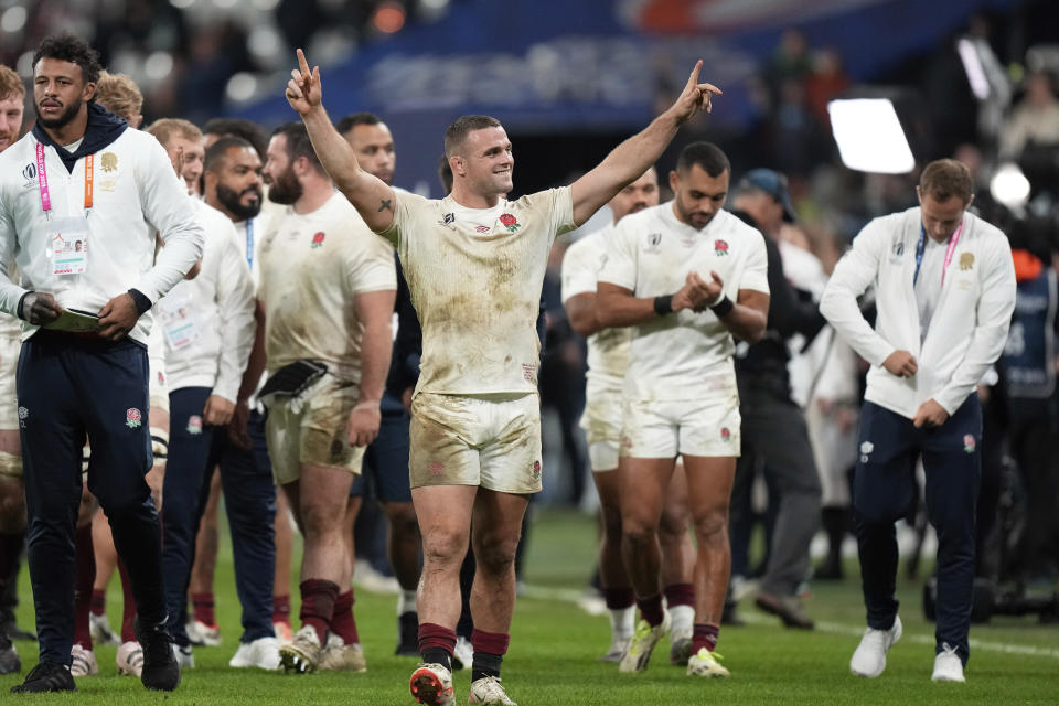 England's Ben Earl reacts at the end of the Rugby World Cup third place match between England and Argentina at the Stade de France in Saint-Denis, outside Paris, Friday, Oct. 27, 2023. (AP Photo/Pavel Golovkin)