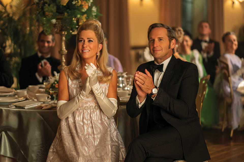 Wiig as Maxine in Apple TV’s Palm Royale, with Josh Lucas, who plays her husband.