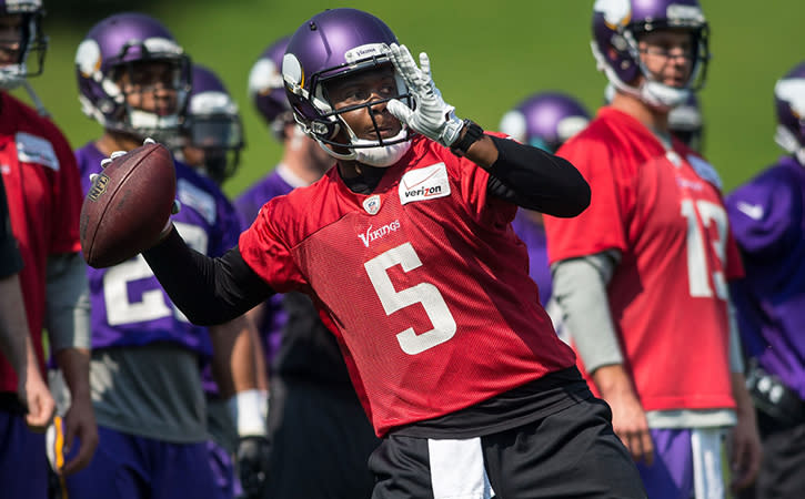 Minnesota Vikings quarterback Teddy Bridgewater throws during drills at 2015 OTA's at Winter Park in Eden Prairie.