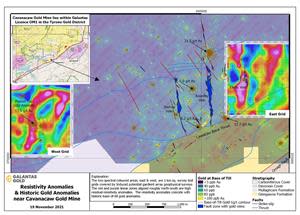 Residual resistivity induced polarization anomalies coincide with historical base-of-till gold anomalies near the Cavanacaw Gold Mine.
