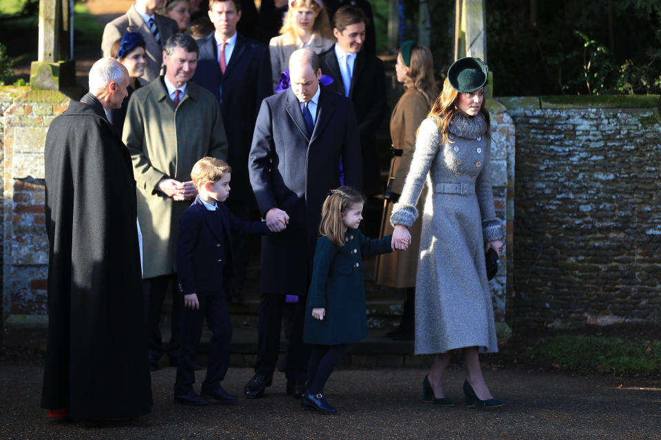 KING'S LYNN, ENGLAND - DECEMBER 25: Prince William, Duke of Cambridge, Prince George, Princess Charlotte and Catherine, Duchess of Cambridge attend the Christmas Day Church service at Church of St Mary Magdalene on the Sandringham estate on December 25, 2019 in King's Lynn, United Kingdom. (Photo by Stephen Pond/Getty Images)