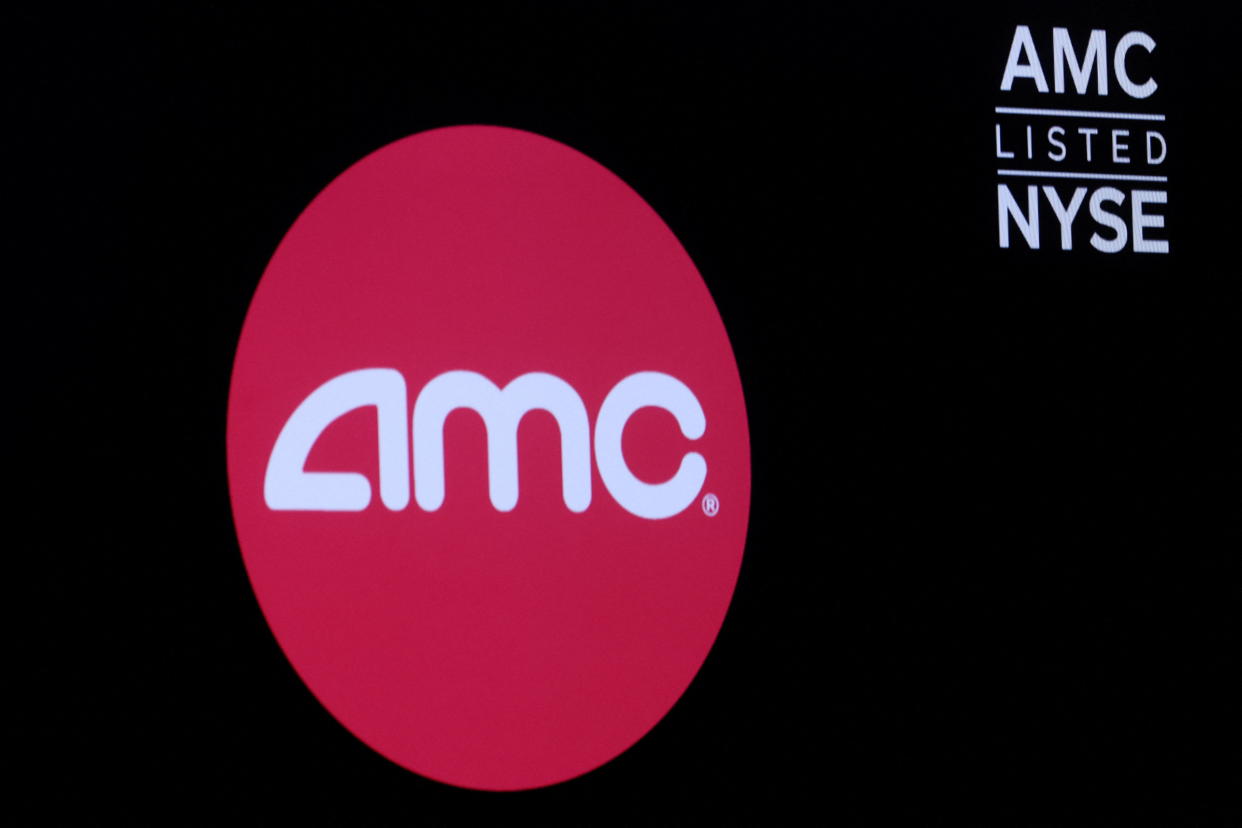 A screen displays the logo and trading information for AMC on the floor of the New York Stock Exchange (NYSE) in New York City, U.S., March 29, 2022.  REUTERS/Brendan McDermid