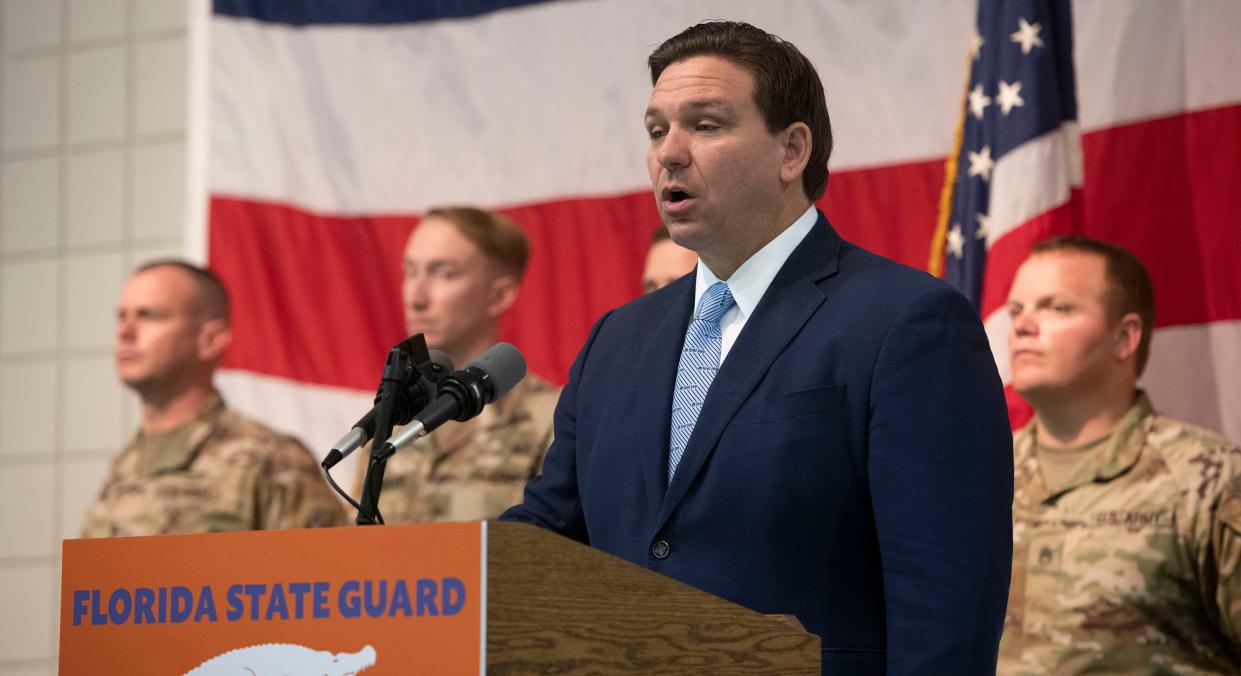 Gov. Ron DeSantis visits the National Guard Armory in Pensacola on Dec. 2 to announce his proposal for a state budget increase of more than $100 million to better fund the Florida National Guard and re-establish a Florida State Guard civilian volunteer force.