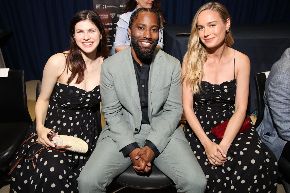 CAGLIARI, ITALY - JUNE 20: Alexandra Daddario, John David Washington and Brie Larson attend the press conference of the Filming Italy 2024 on June 20, 2024 in Cagliari, Italy. (Photo by Daniele Venturelli/Daniele Venturelli/Getty Images)