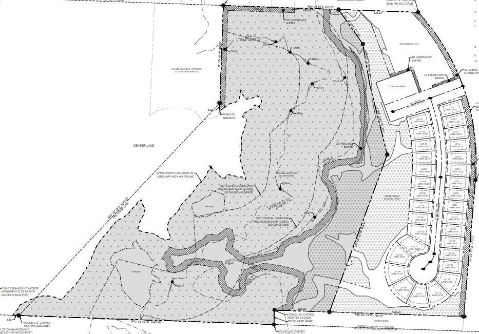 A plat of the Bluewater Landing residential development at Draper Lake off Walton County shows the conservation area, in darker gray on the left of the plat, which will be overseen by the Alabama-Georgia Conservancy. Walton County commissioners approved the arrangement at their Tuesday meeting.