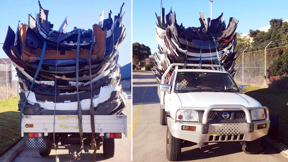 Ute stacked with several bumpers.