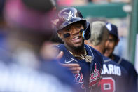 Atlanta Braves' Ronald Acuna Jr., celebrates after his solo home run during the first inning of a baseball game against the Washington Nationals at Nationals Park, Saturday, April 1, 2023, in Washington. (AP Photo/Alex Brandon)