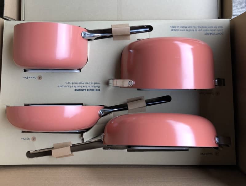set of 4 pink Caraway pans in box