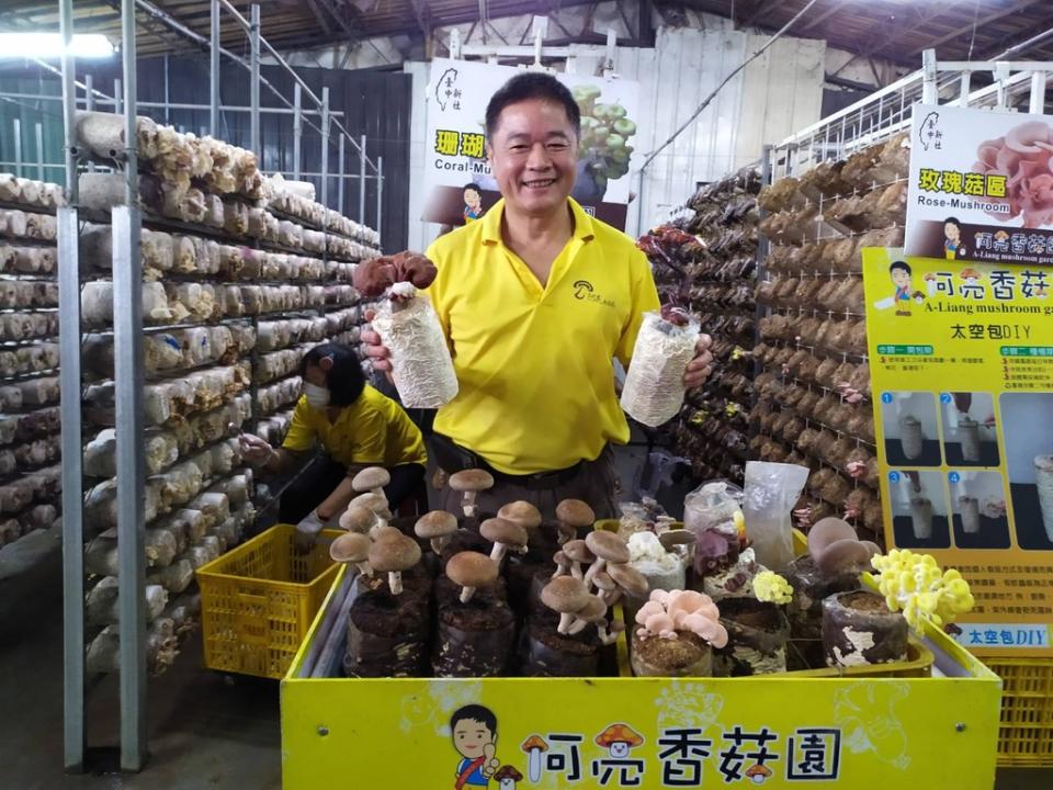 《圖說》擁有31年種菇經驗的阿亮香菇園創辦人侯文亮，近年大推可抗病毒的靈芝太空包，在疫情期間大受歡迎。