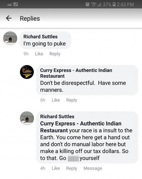 Raj and Priyanka Singh, the owners of Curry Express in Montana received hateful Facebook messages from a man named Richard Suttles. They’re now scared for their safety. (Facebook/Curry Express)