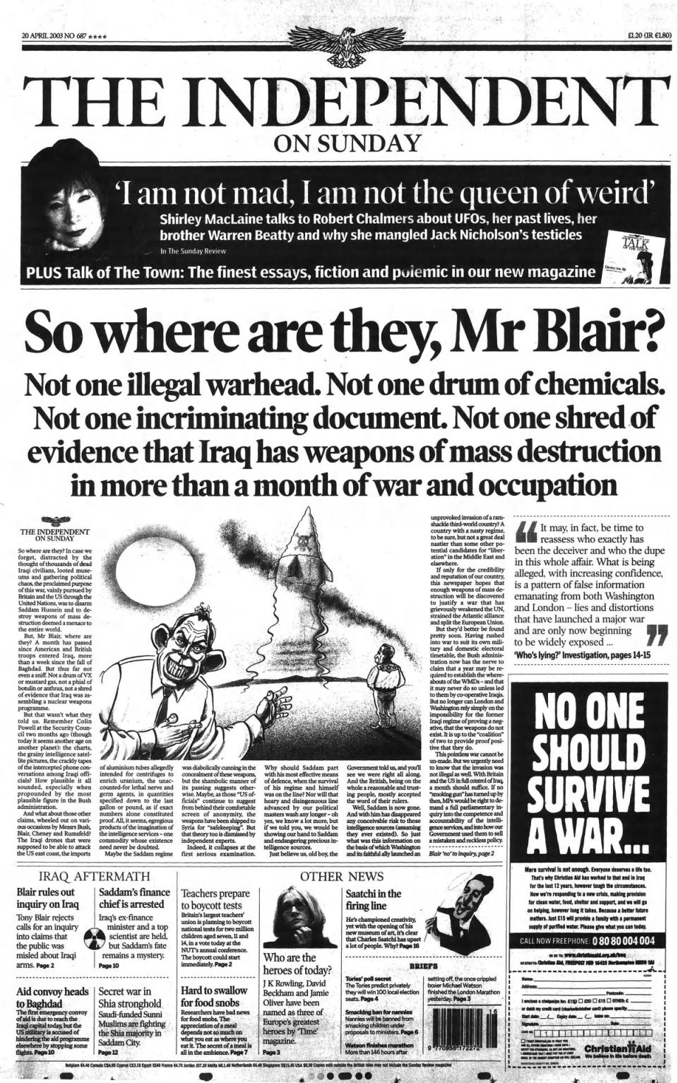 The front page of the Independent on Sunday – 20 April 2003 (The Independent)