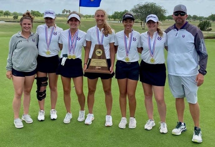 The Mason High School Cowgirls will be competing at the UIL Class 2A Girls State Golf Tournament in Austin on Monday and Tuesday. From left to right are: Ellie White (alternate), Raeylnn Leifeste, Avery Burns, Tristin Keller, Sydney Hardin, Jessie Phillips and coach Kade Burns.
