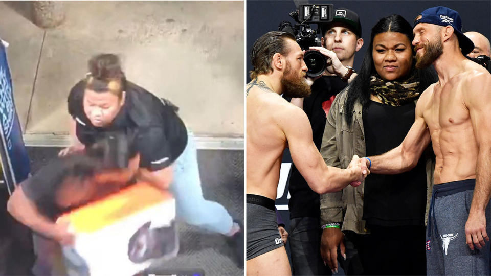 Summer Tapasa, who became an internet sensation when a video appeared of her stopping a would-be shoplifter, has been given a job by the UFC (pictured right). (Images: Twitter/Getty Images)