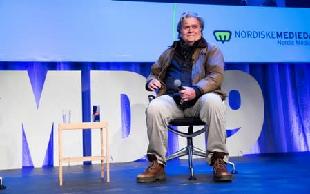 Former White House Chief Strategist Steve Bannon sits on the stage during the Nordic Media Festival in Bergen