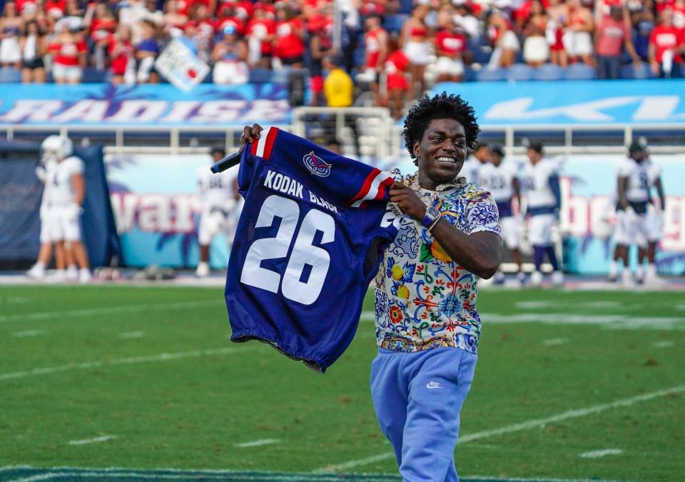 South Florida rapper Kodak Black, seen here entertaining the crowd before a Florida Atlantic University football game Sept. 2, 3023 in Boca Raton, has been the key point of discussion between two candidates for Palm Beach County's commission.