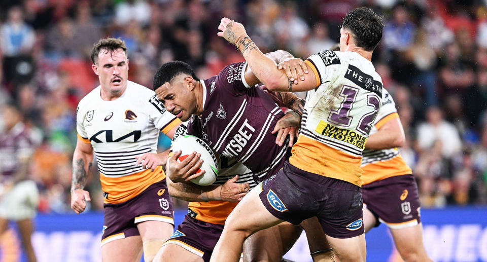 Seen here, Manly playing against the Broncos at Suncorp Stadium in the NRL.