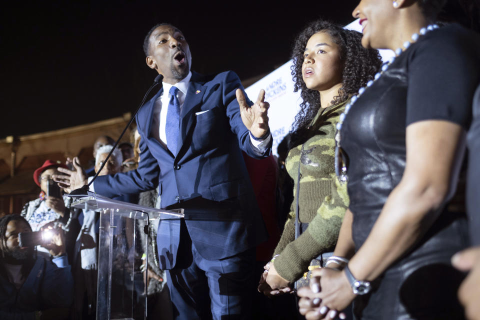 Atlanta mayoral runoff candidate Andre Dickens gives his victory speech Tuesday, Nov. 30, 2021, in Atlanta. Dickens, a city council member, won the runoff, riding a surge of support that powered him past the council’s current president, Felicia Moore, after finishing second to her in November. (AP Photo/Ben Gray)