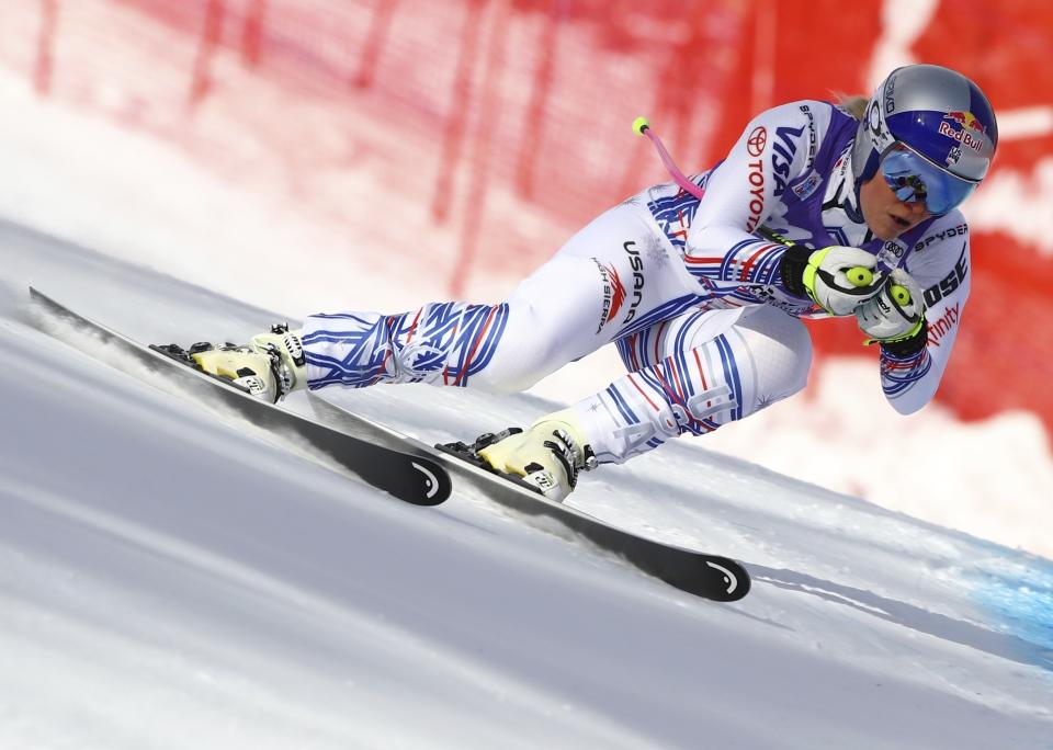 United States' Lindsey Vonn competes during an alpine ski, women's World Cup downhill in Cortina D'Ampezzo, Italy, Saturday, Jan. 19, 2019. (AP Photo/Marco Trovati)