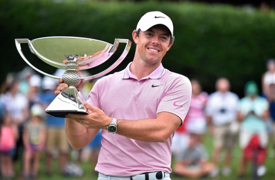 Rory McIlroy holds the FedEx Cup Trophy after winning the PGA Tour Championship on August 25, 2019, at East Lake Golf Club in Atlanta. (Photo by Austin McAfee/Icon Sportswire via Getty Images)