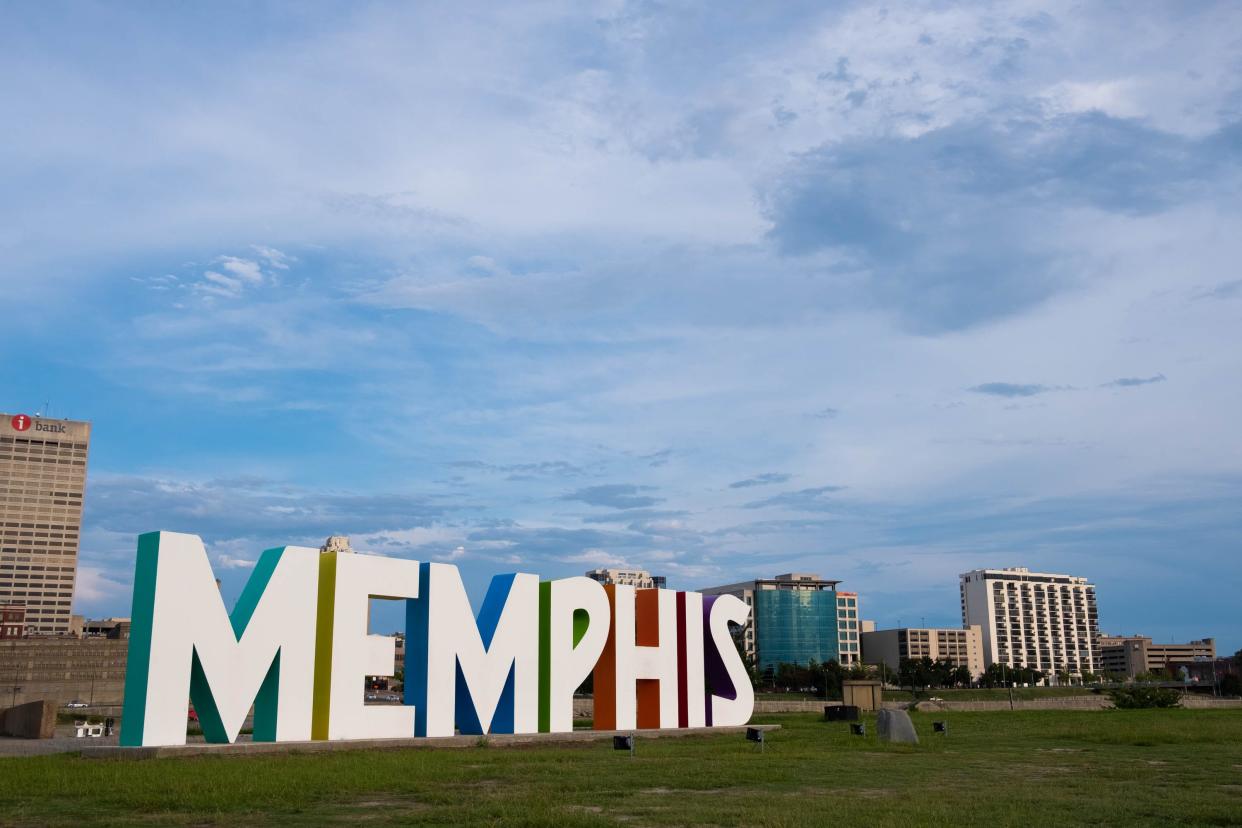 The Memphis sign on mud island, with the city's skyline featured in the background, Sunday evening, August 18, 2019.