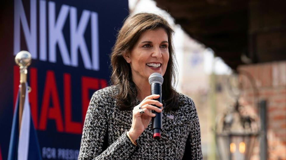 PHOTO: Republican presidential hopeful Nikki Haley speaks during a campaign event in San Antonio, Texas, on Feb. 16, 2024.  (Suzanne Cordeiro/AFP via Getty Images)