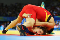 Wang Jiao of China competes in the Women's Freestyle 72 kg Final against Stanka Slateva of Bulgaria held at the China Agriculture University Gymnasium on Day 9 of the Beijing 2008 Olympic Games on August 17, 2008 in Beijing, China. (Phil Walter/Getty Images)