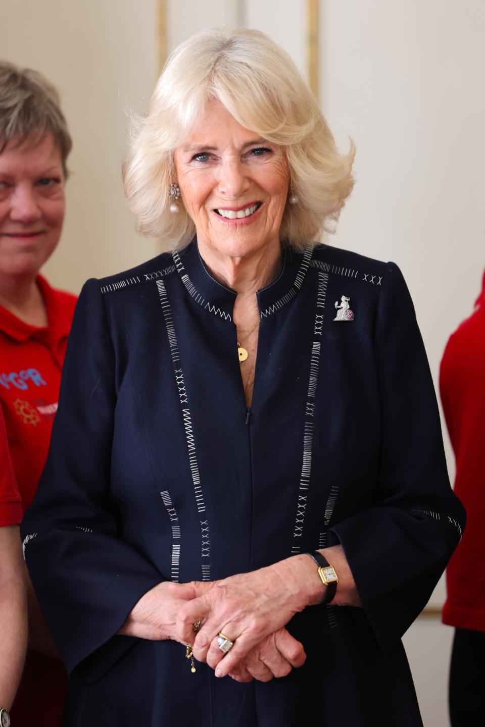 Queen Camilla hosts the Maiden Yachting Crew at Clarence House on April 29 in London.