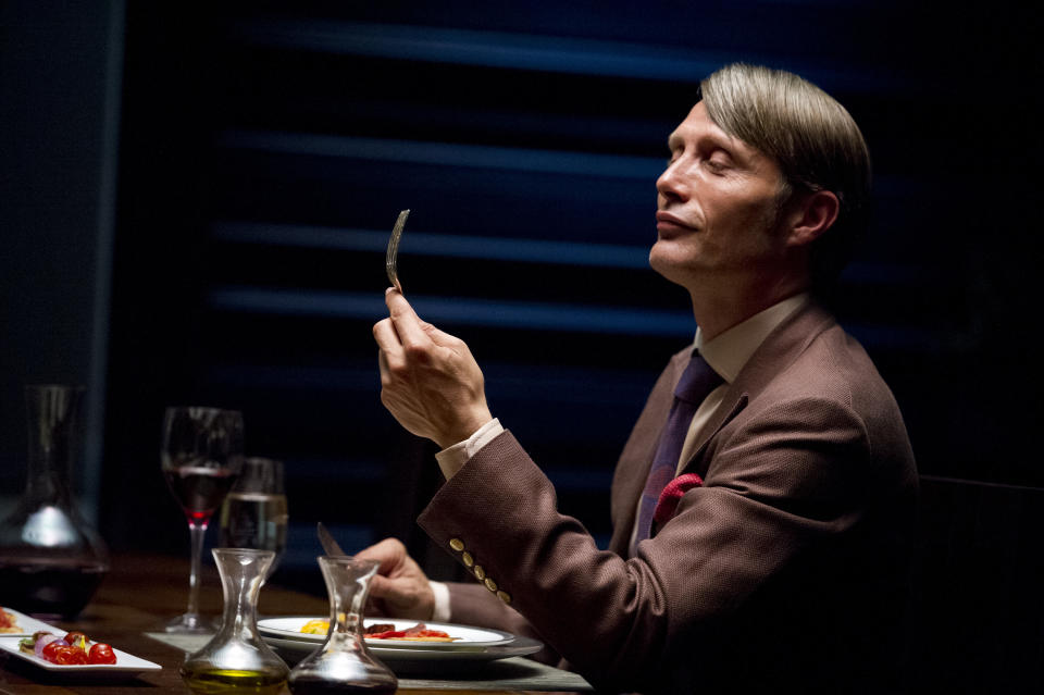 This publicity image released by NBC shows Danish actor Mads Mikkelson as Dr. Hannial Lecter in a scene from the upcoming TV series, "Hannibal." The series, based on the Thomas Harris novels and starring Mikkelson, Hugh Dancy, and Laurence Fishburne, will premiere on April 4, 2013 on NBC. (AP Photo/NBC, Brooke Palmer)
