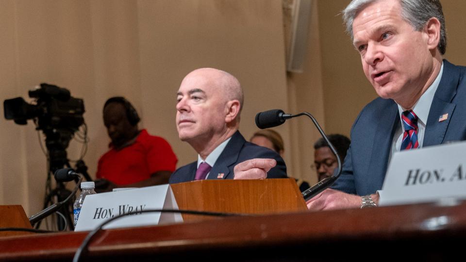 Homeland Security Secretary Alejandro Mayorkas attends a House Committee on Homeland Security hearing on worldwide threats to the United States where he testifies to Congressional members on Capitol Hill in Washington, D.C.