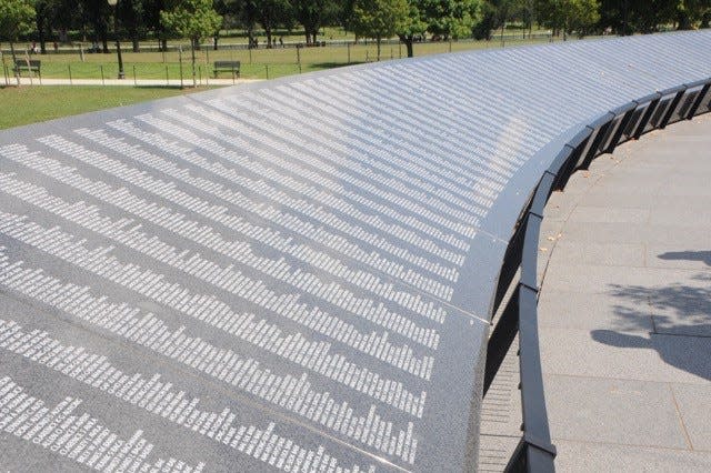Veterans visited the Korean War Veterans Memorial, which features a list of those killed, during the Honor Flight of the Ozarks trip to Washington, D.C. on Aug. 23, 2022.