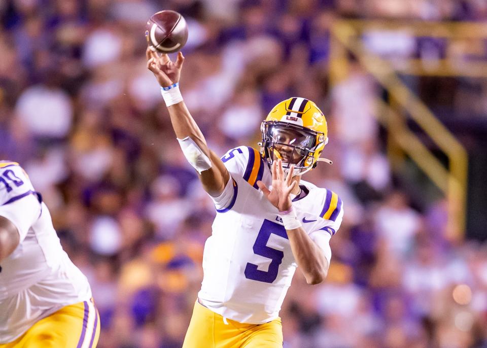 LSU quarterback Jayden Daniels has thrown for over 2,000 yards. SCOTT CLAUSE, USA TODAY Sports