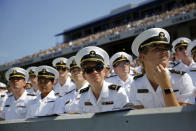 <p>U.S. Naval Academy midshipmen listen as President Donald Trump delivers remarks during the Academy’s graduation and commissioning ceremony, Friday, May 25, 2018, in Annapolis, Md. (Photo: Patrick Semansky/AP) </p>