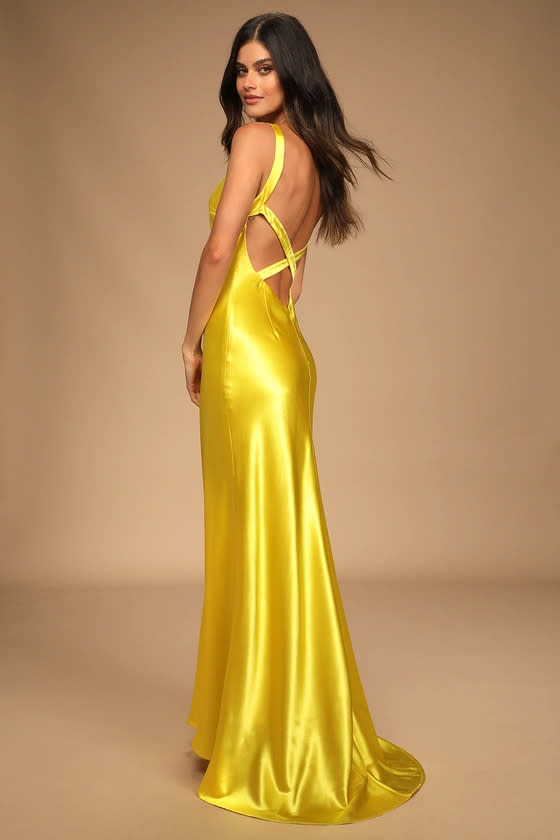 Perfectly Classy Yellow Satin Strappy Maxi Dress. Image via Lulus.