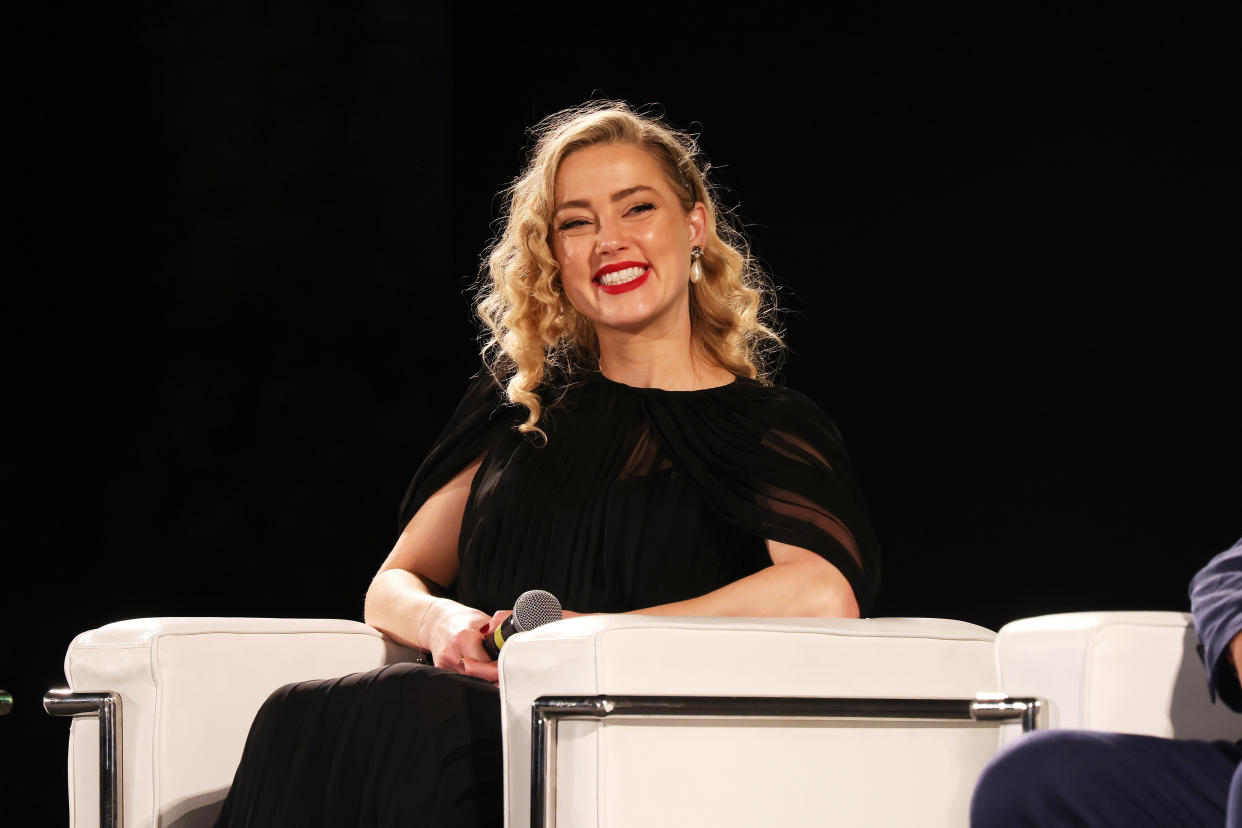 TAORMINA, ITALY - JUNE 24: Amber Heard speaks on the stage during the 69th Taormina Film Festival on June 24, 2023 in Taormina, Italy. (Photo by Ernesto Ruscio/Getty Images)