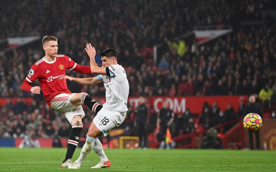 Scott McTominay of Manchester United scores their sides first goal during the Premier League match between Manchester United and Burnley at Old Trafford  - Dan Mullan/Getty Images
