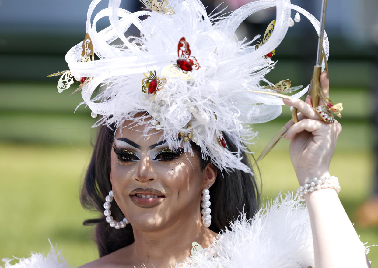 Drag Artist Cherry Valentine on Ladies Day during the Cazoo Derby Festival 2022 at Epsom Racecourse, Surrey. Picture date: Friday June 3, 2022. (Photo by Steven Paston/PA Images via Getty Images)