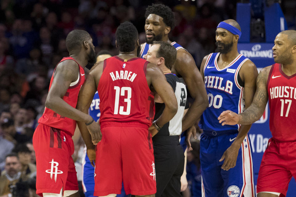 Joel Embiid and James Harden had some tense moments on Monday. (Getty)