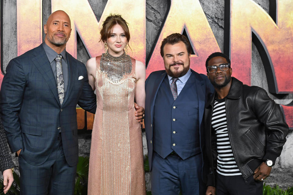 Photo by: KGC-143/STAR MAX/IPx 2017 12/7/17 Dwayne Johnson, Karen Gillan, Jack Black and Kevin Hart at the premiere of ‘Jumanji: Welcome To The Jungle’ in London, England.