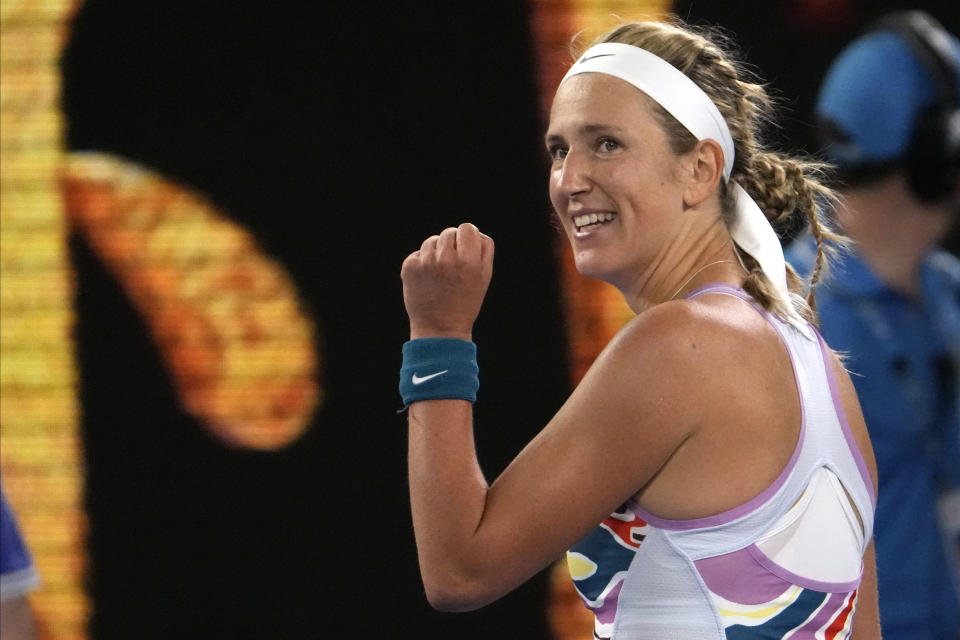 Victoria Azarenka of Belarus reacts after defeating Jessica Pegula of the U.S. in their quarterfinal match at the Australian Open tennis championship in Melbourne, Australia, Tuesday, Jan. 24, 2023. (AP Photo/Ng Han Guan)