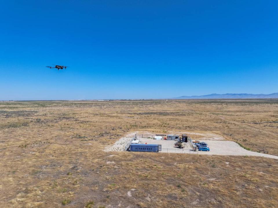 A drone hovers above DZYNE Technologies’ Sage Works test site south of the Boise Airport near Kuna. The facility, not far from the Idaho Department of Correction’s Boise-area prison complex, will expand to 100 acres and carries approval from the Federal Aviation Administration to conduct beyond visual line of sight testing.