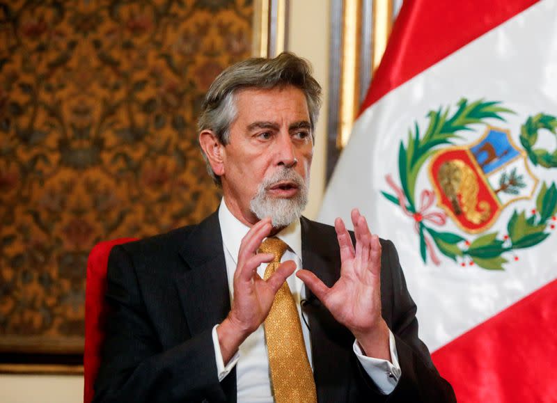 Peru's interim President Francisco Sagasti talks to Reuters, in Lima