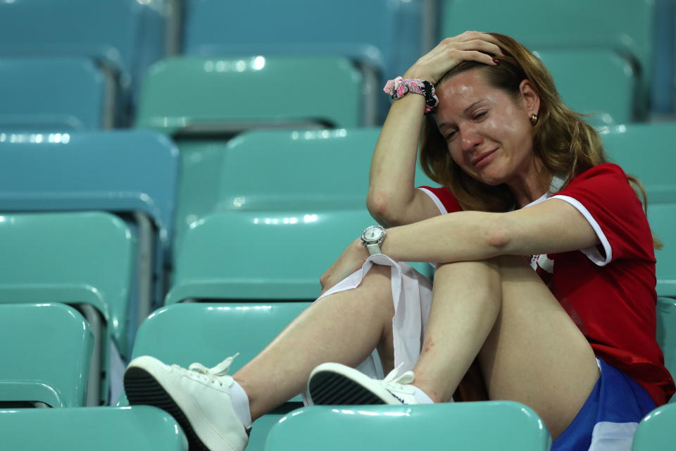 <p>A supporter of Russia reacts after losing the FIFA World Cup 2018 quarter final soccer match between Russia and Croatia in Sochi, Russia, 07 July 2018.(EFE) </p>